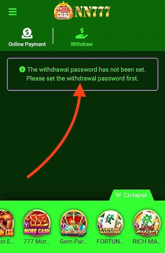 Step 2: You get a notification that the withdrawal password has not been set. 